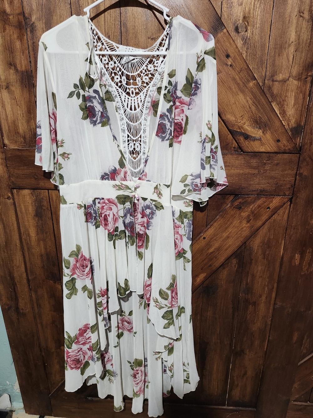 White Floral Crochet V-Neck Swim Coverup